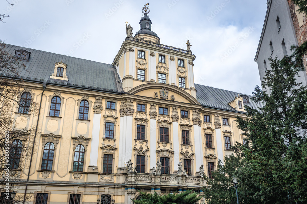 Facade of main University of Wroclaw with Mathematical Tower in historic part of Wroclaw city, Poland