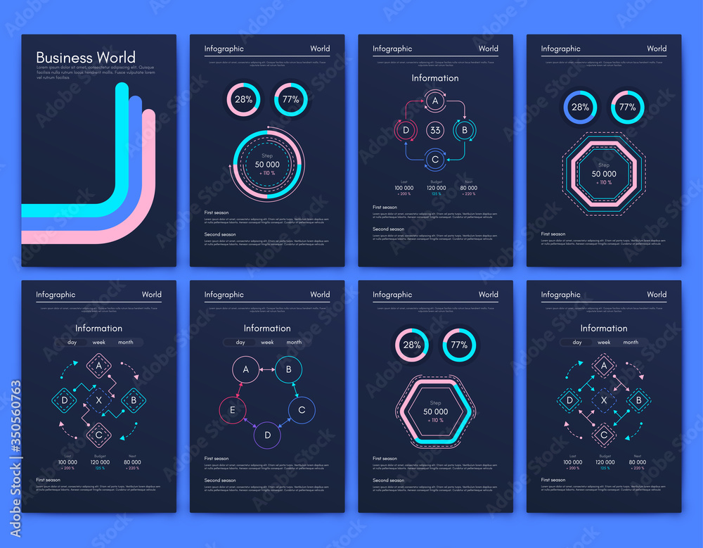 Modern infographic vector elements for business brochures. Use in website, corporate brochure, advertising and marketing. Pie charts, line graphs, bar graphs and timelines.