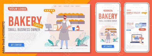 Bakery landing page. Homepage of internet website template for bakery owner. Mobile mockup site or app layout for local business owner