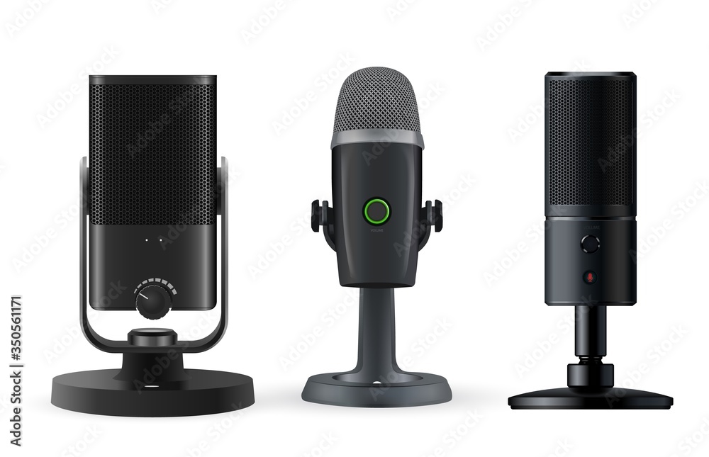 Radio microphone isolated. Realistic music microphone vector set