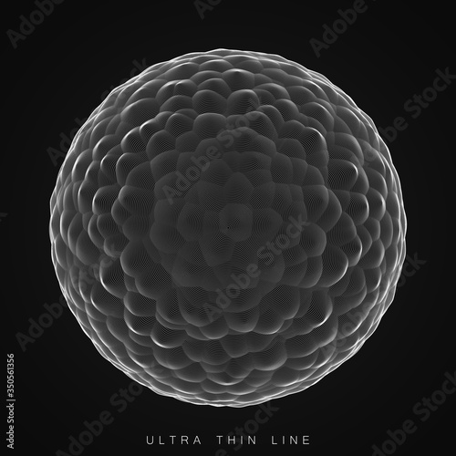 Vector abstract ultra thin line sphere. Fluid dynamic distorted spheres. Futuristic fractal noise illustration. Technology digital splash or explosion of sound, waveform. Cyber UI or HUD element.