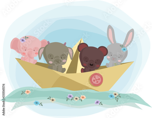 image of a group of animals that are floating on the river in a boat.