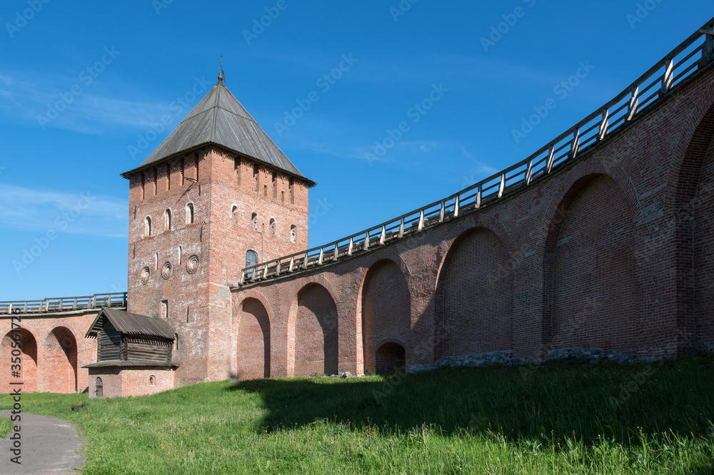 Wall and tower of the Novgorod Kremlin. Novgorod (Novgorod the Great), Russia.