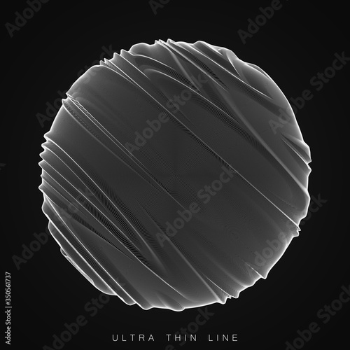Vector abstract ultra thin line sphere. Fluid dynamic distorted spheres. Futuristic fractal noise illustration. Technology digital splash or explosion of sound, waveform. Cyber UI or HUD element.