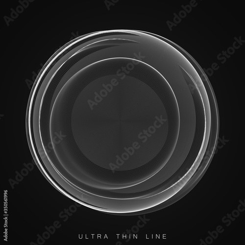 Vector abstract ultra thin line sphere. Fluid dynamic distorted spheres. Futuristic fractal noise illustration. Technology digital splash or explosion of sound, waveform. Cyber UI or HUD element.