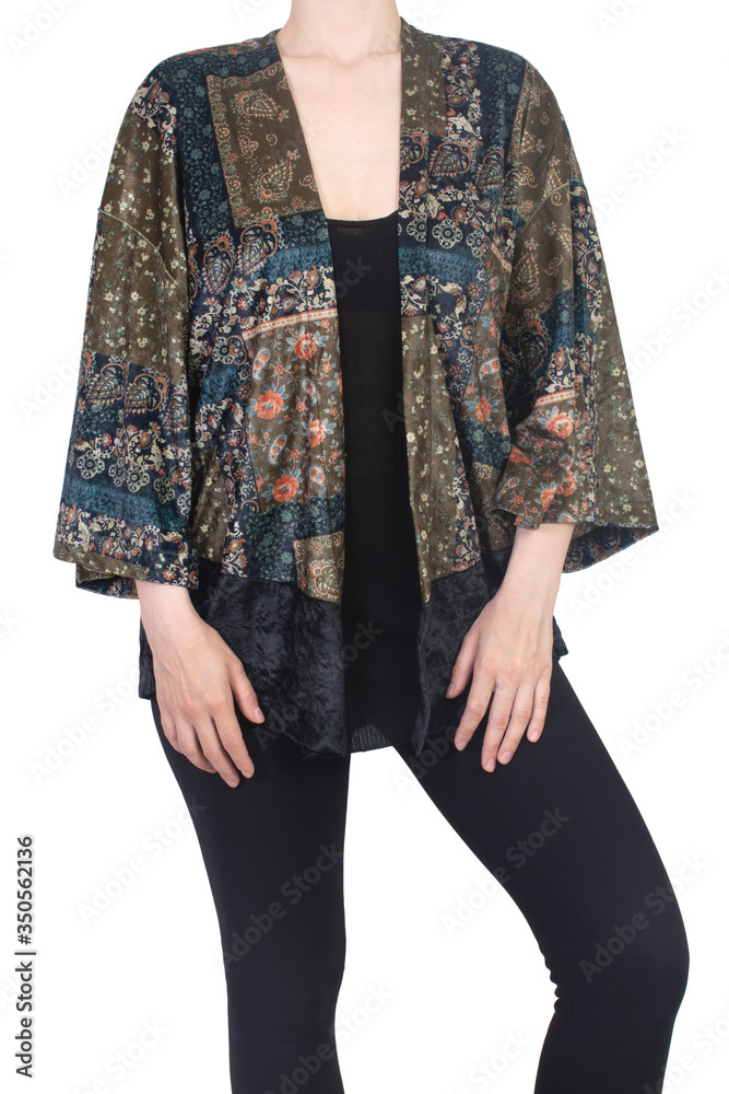 girl in velvet kimono cardigan with flower pattern isolated on white girl in velvet kimono cardigan with flower pattern isolated on white