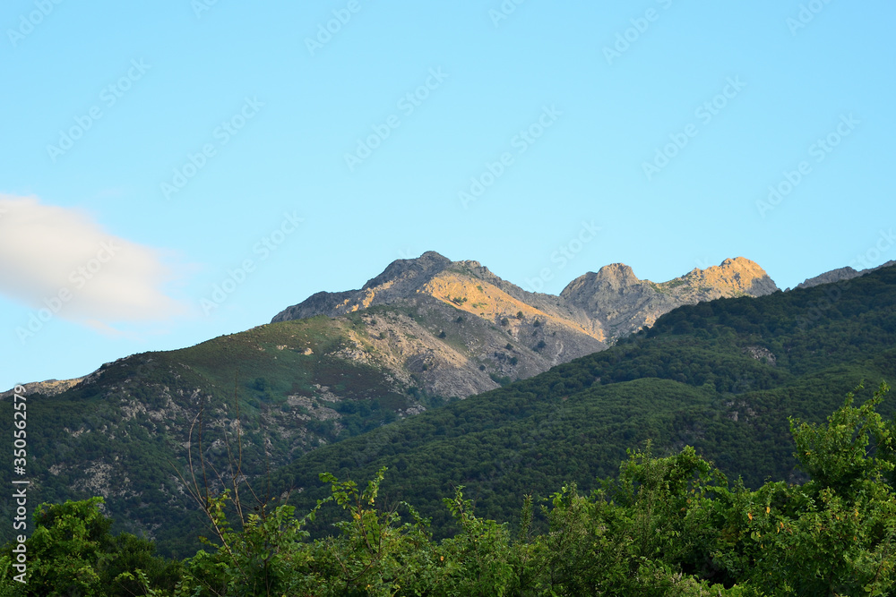 Clouds over Fengari (Moon) peak, Saos mountain - view from Therma beach, Samothraki island, Greece, Aegean sea