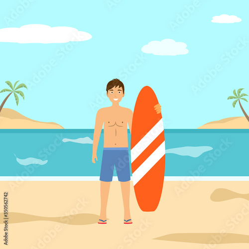 Surfer man with surfing board summer holiday ocean beach vector illustration. Man character standing while holding surfboard and enjoy vacation in beach seaside background. Guy playing sport.