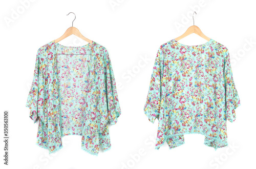 summer kimono cardigan with floral pattern isolated on white, front and back