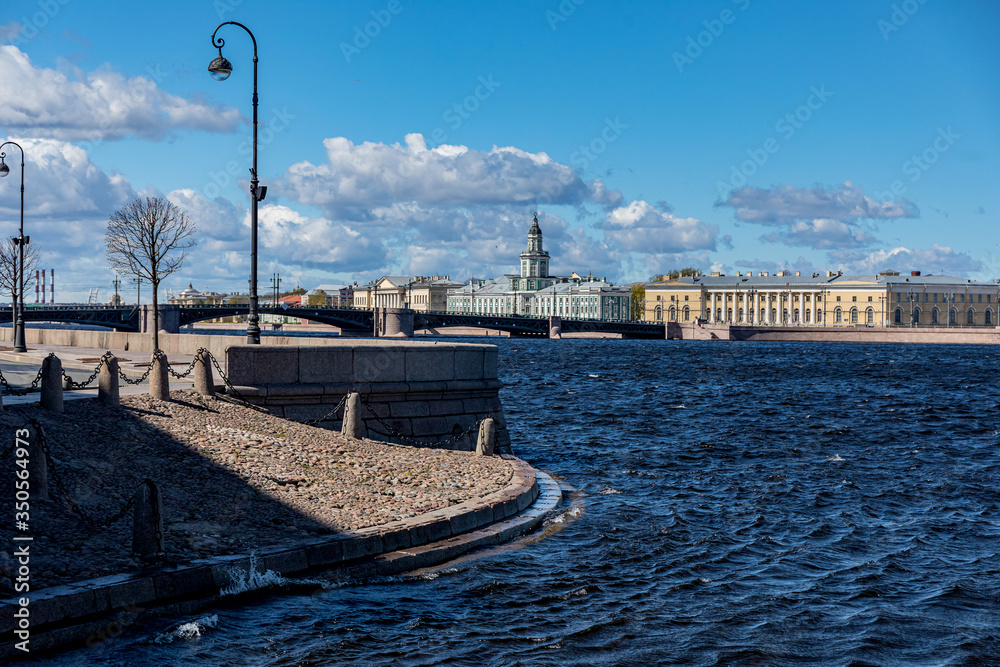 View of the Kunstkamera on the University embankment across the Neva river in Saint Petersburg, Russia.
