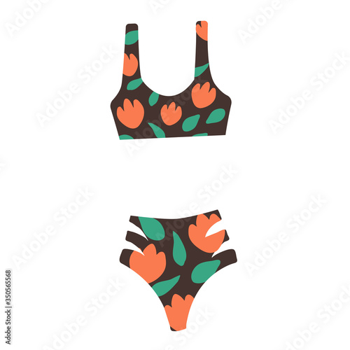 Modern hand drawn colorful women s swimwear. Beautiful pattern thongs and lace bras. pattern with hand drawn red flowers and leaves.