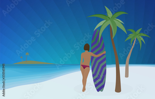 Surfing sport vector concept illustration. Young sexy topless sporty surf girl hugs a surfboard while standing on the white sand with palm trees and looking through the ocean against a dark blue sky