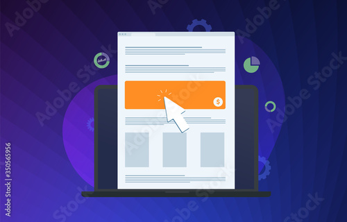 Online Advertising campaign flat vector icon concept. A laptop display with internet web page and large ad banner and mouse cursor icon that clicks on it. Ads marketing technology