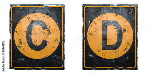 Set of public road sign orange and black color with a capital letters C and D in the center isolated on white background. 3d