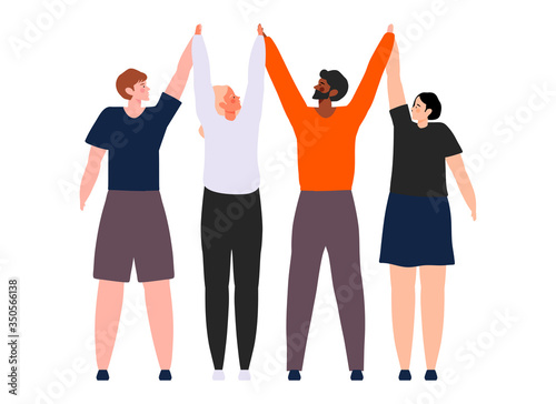 young man and and women are holding and raising their hands cartoon illustration. Smiling men and women holding hands. Happy people standing in row together. Happiness and friendship