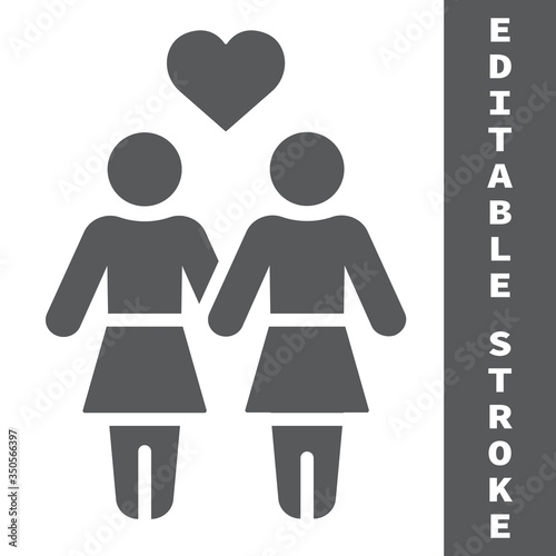Lesbian couple glyph icon  lgbt and heart  female couple sign vector graphics  editable stroke solid icon  eps 10.