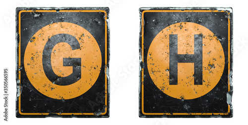 Set of public road sign orange and black color with a capital letters G and H in the center isolated on white background. 3d