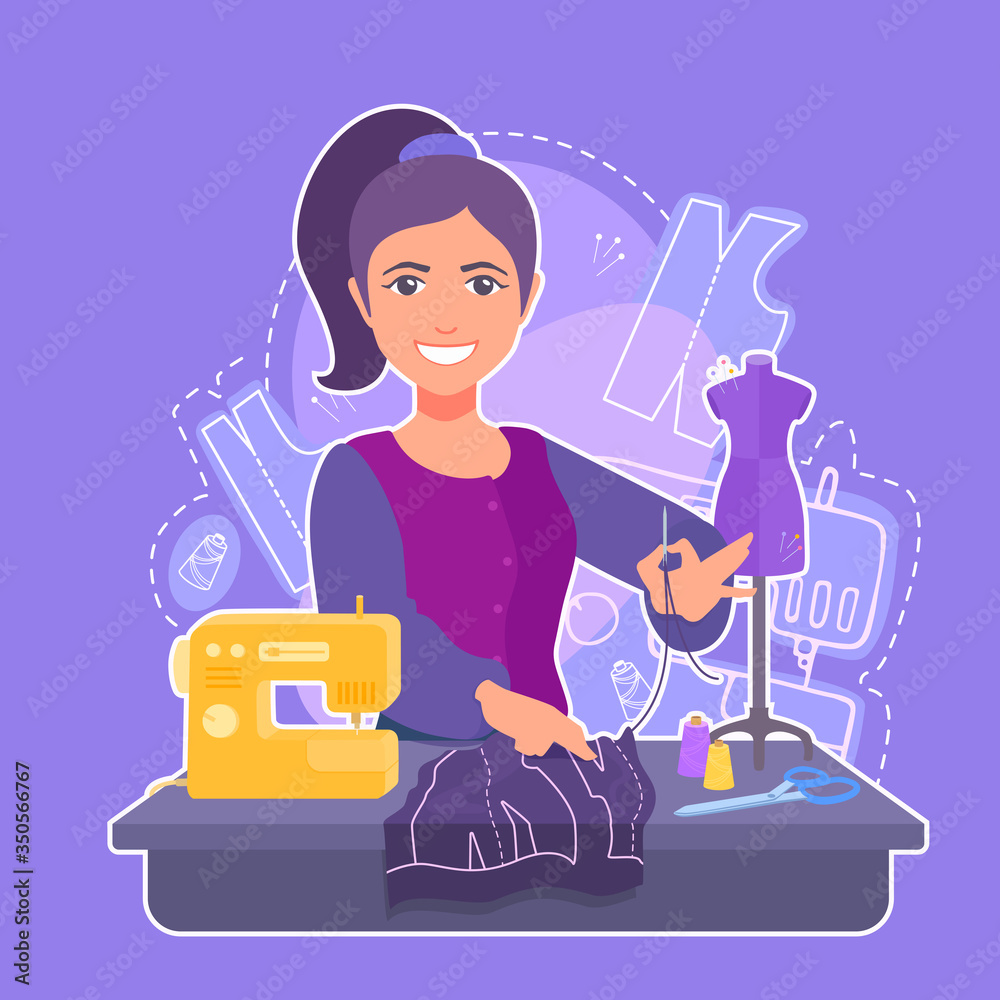 A woman tailor holding a thread with a needle, smiling. A seamstress sewing  in an atelier. A dressmaker girl sew. Handmade tailoring. A vector cartoon  illustration on a colored background. Stock Vector |