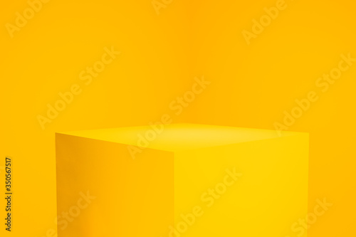 Empty display podium on yellow background with box stand Blank product shelf 3D rendering