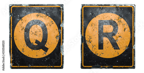Set of public road sign orange and black color with a capital letters Q and R in the center isolated on white background. 3d