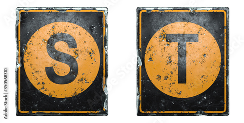 Set of public road sign orange and black color with a capital letters S and T in the center isolated on white background. 3d
