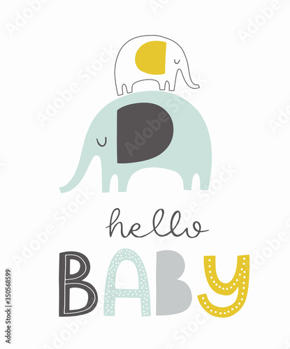 Hello Baby. Cute elephant baby shower invitation card. Hand drawn lettering in cut out Scandinavian style. Nursery poster, kids room decor, apparel, clothing. 
 