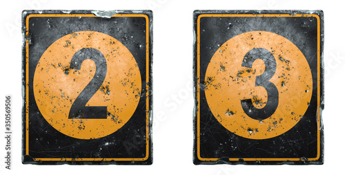 Set of public road sign orange and black color with a numbers 2 and 3 in the center isolated on white background. 3d