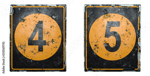 Set of public road sign orange and black color with a numbers 4 and 5 in the center isolated on white background. 3d