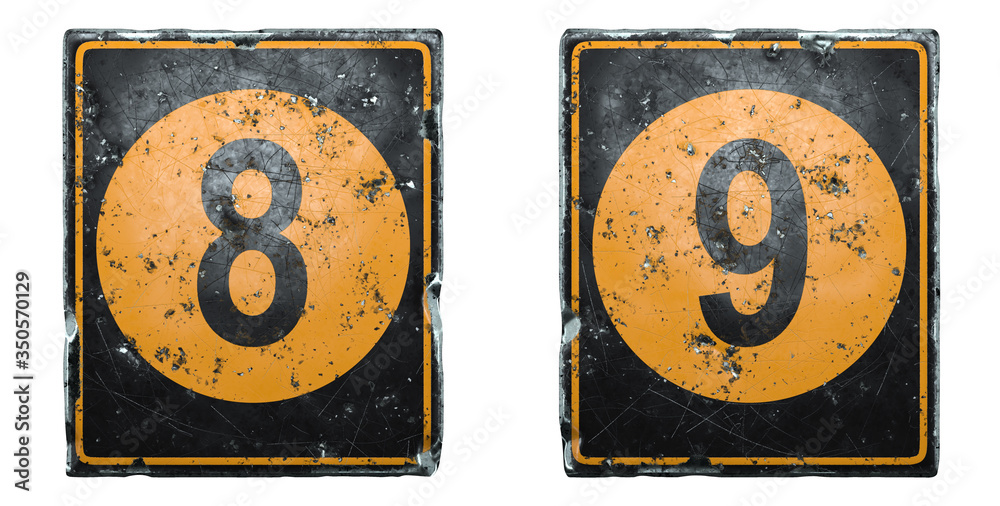 Set of public road sign orange and black color with a numbers 8 and 9 in the center isolated on white background. 3d