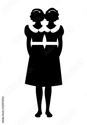 Silhouette of siamese sisters dressed in the old way, isolated on white background