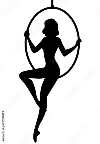 Silhouette of woman trapeze artist sitting on a hoop suspended in the air. isolated on white background