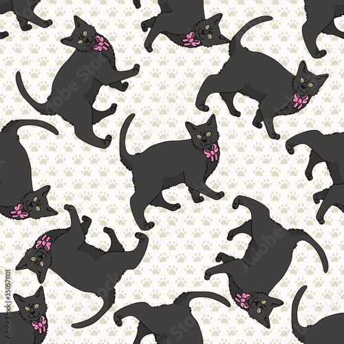 Cute cartoon Bombay cat with pink bow seamless vector pattern. Pedigree kitty breed domestic cat background. Cat lover black Asian purebred all over print. Feline EPS 10. 