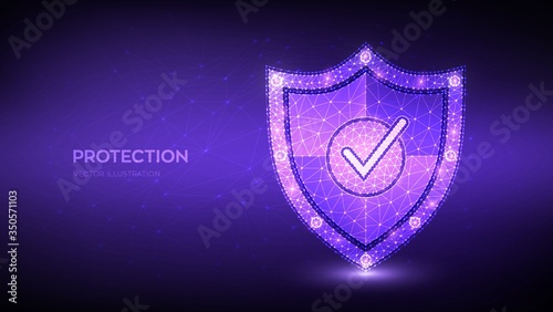 Check mark on security shield. Protection or Safe business concept. Cyber security and network safety. Illustrates cyber data security or information privacy idea. Low polygonal vector illustration.