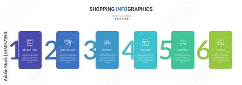 Concept of shopping process with 6 successive steps. Six colorful graphic elements. Timeline design for brochure, presentation, web site. Infographic design layout.