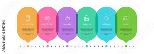 Concept of shopping process with 6 successive steps. Six colorful graphic elements. Timeline design for brochure, presentation, web site. Infographic design layout.