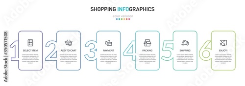 Concept of shopping process with 6 successive steps. Six colorful graphic elements. Timeline design for brochure, presentation, web site. Infographic design layout.