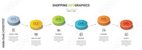 Concept of shopping process with 6 successive steps. Six colorful graphic elements. Timeline design for brochure, presentation, web site. Infographic design layout.
