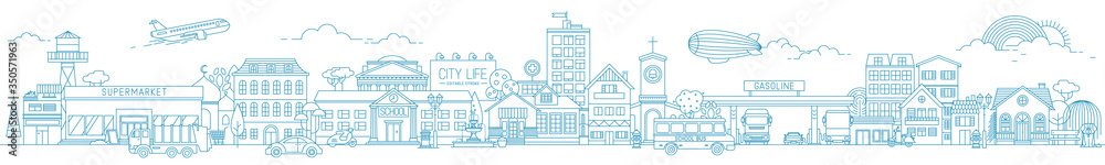 Monochrome horizontal urban landscape with city or town street or district. Cityscape with living houses and shops drawn with contour lines on white background. Vector illustration in lineart style