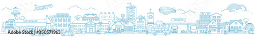 Monochrome horizontal urban landscape with city or town street or district. Cityscape with living houses and shops drawn with contour lines on white background. Vector illustration in lineart style