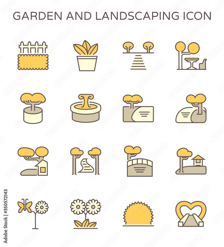 Garden and landscaping icon. Consist of ornamental and decoration object i.e. building, garden furniture, tree, bush, pond, bridge, fountain, pot, pavilion, walkway, flower and butterfly. Vector icon.