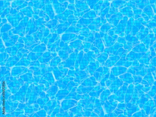 Realistic blue swimming pool with tile and water surface texture, flow waves. Blue water background. Vector illustration.