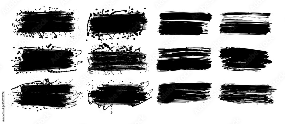 Set of brush strokes. Rectangle diagonal grunge design elements. Long text boxes. Dirty distress texture banners. Ink splatters. Grungy painted objects.Vector illustration isolated on a white backgrou
