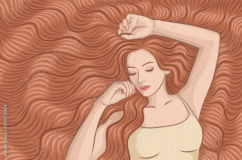 Girl with very long hair. The girl is resting. hair color is red.