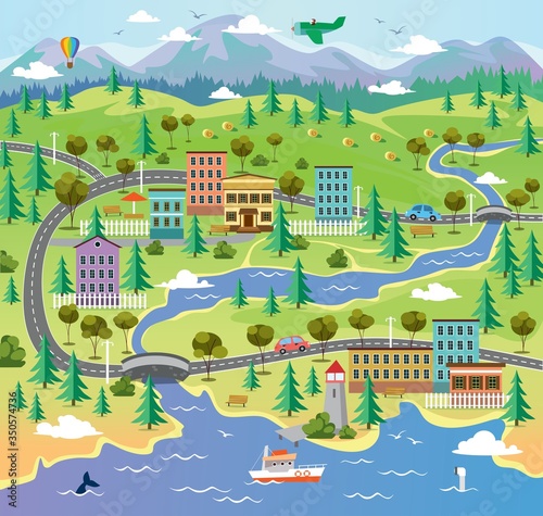 City landscape with building parks and roads vector illustration. Town surrounded by nature flat style. River with sea creatures and boat. Hot air balloon and airplane in sky