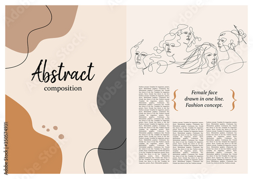 Sample brochure. Pattern with female faces. Female face drawn in one line.