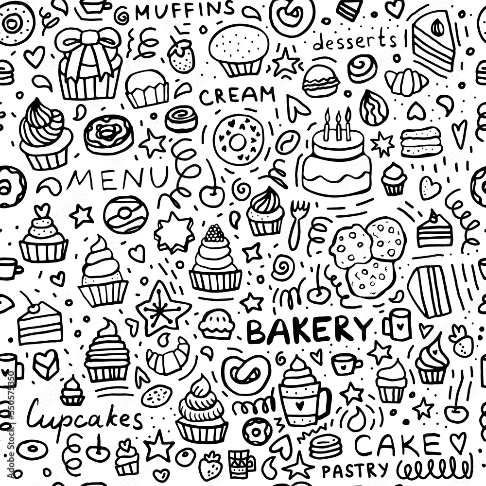 Bakery doodle seamless pattern: Dessert Muffins, Cupcakes, Pastries, and Cakes. Black and white set of pastry background. 