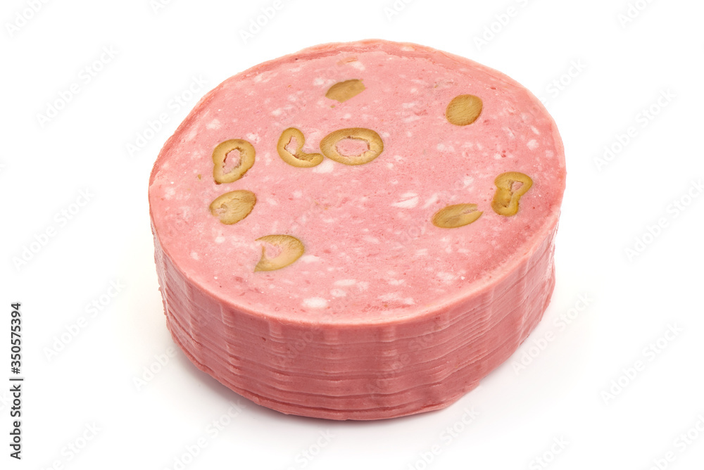 Salami slices with olives, smoked sausage, isolated on white background Salami slices with olives, smoked sausage, isolated on white background