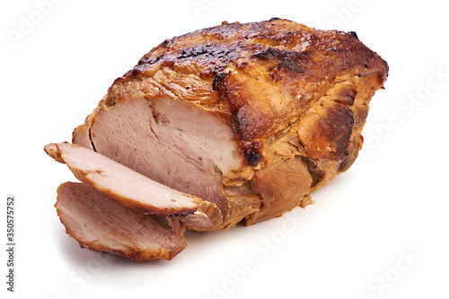 Roasted pork meat, Christmas baked spicy glazed meat, isolated on white background