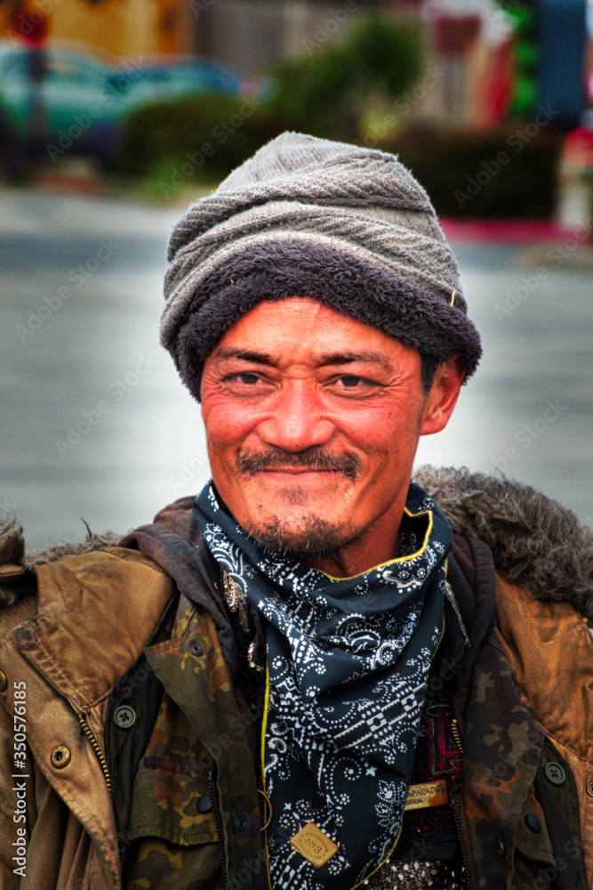 portrait of old homeless man