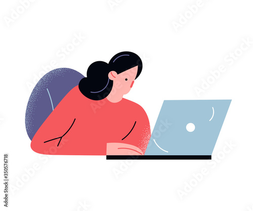 Woman doing computer work in office or home vector illustration